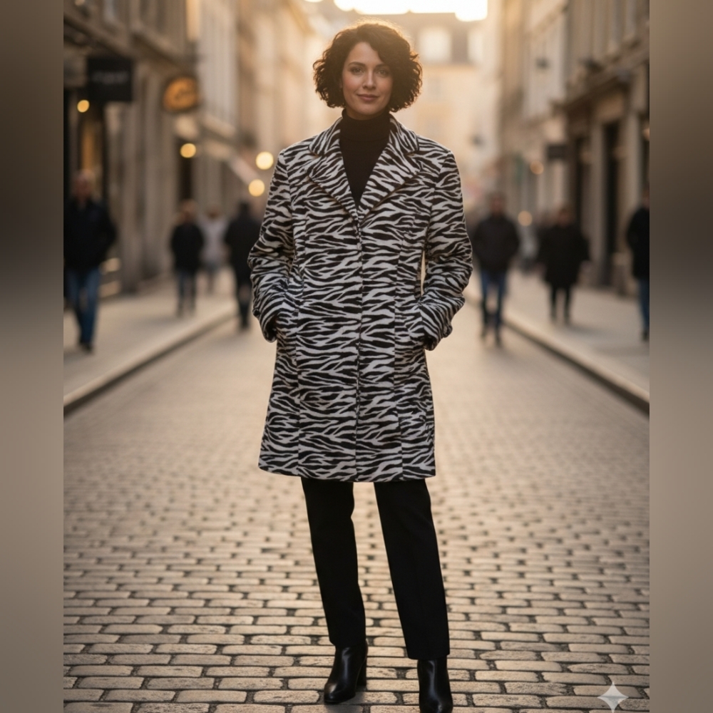 Mix It Black and Cream Animal Print Patterned Trench Coat New Large